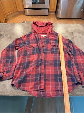Adam Levine Collection Red and Navy Plaid Hooded Button-Down Shirt